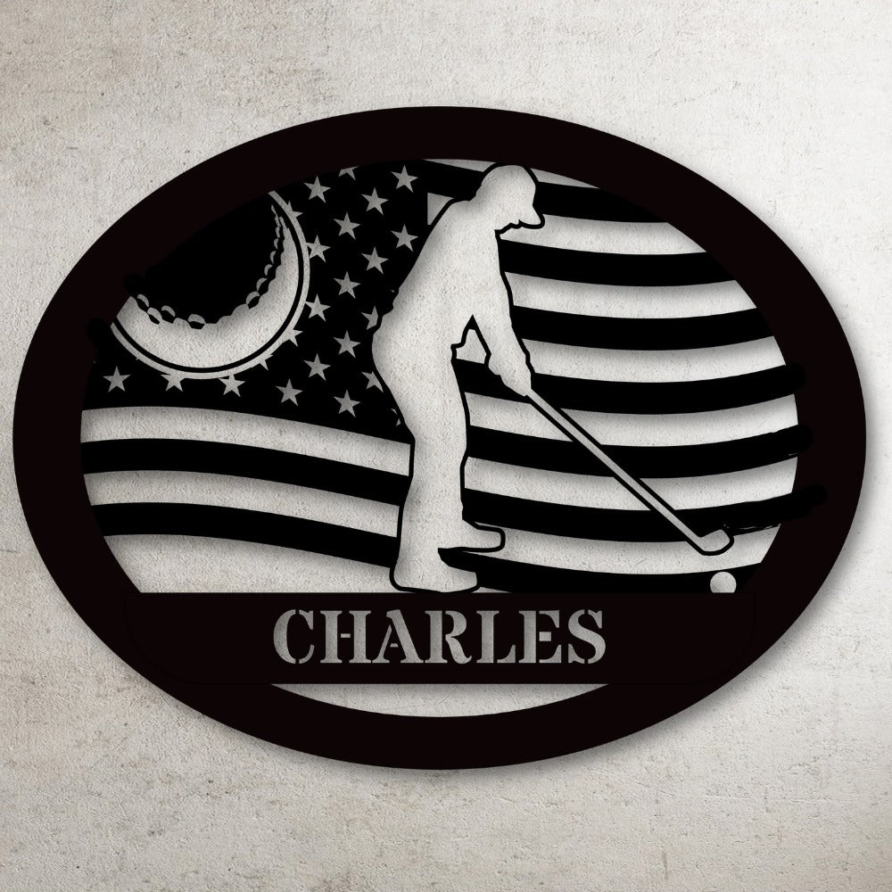 Golfer with flag metal art sign